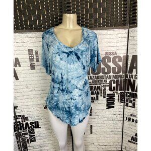 My Favorite Tee L Blue Tie-Dye V-Neck Curved Step-Hem Short Sleeve Pocket Tee